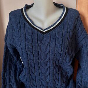Navy Blue Cable Knit V-Neck Women's Sweater